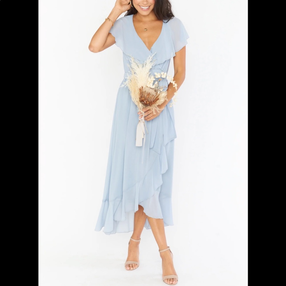 Jess Ruffle Midi Dress ~ Steel Blue Chiffon NWT